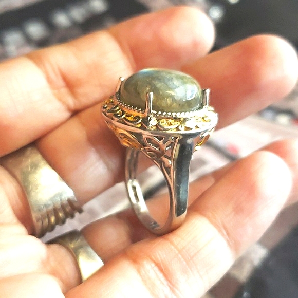 BIG LABADORITE STERLING OVER STAINLESS STEEL WITH GOLD Overlay SZ 8 RING Bird - Picture 5 of 9